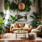 Living room transformed into a jungle-inspired house garden with layered indoor plants, including Devil's Ivy and Monstera, complemented by natural wood accents and macramé hangers, creating a cozy, organic atmosphere.