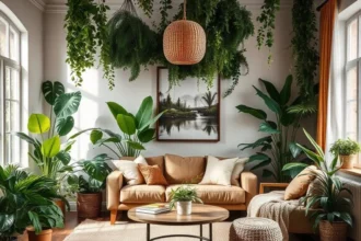 Living room transformed into a jungle-inspired house garden with layered indoor plants, including Devil's Ivy and Monstera, complemented by natural wood accents and macramé hangers, creating a cozy, organic atmosphere.