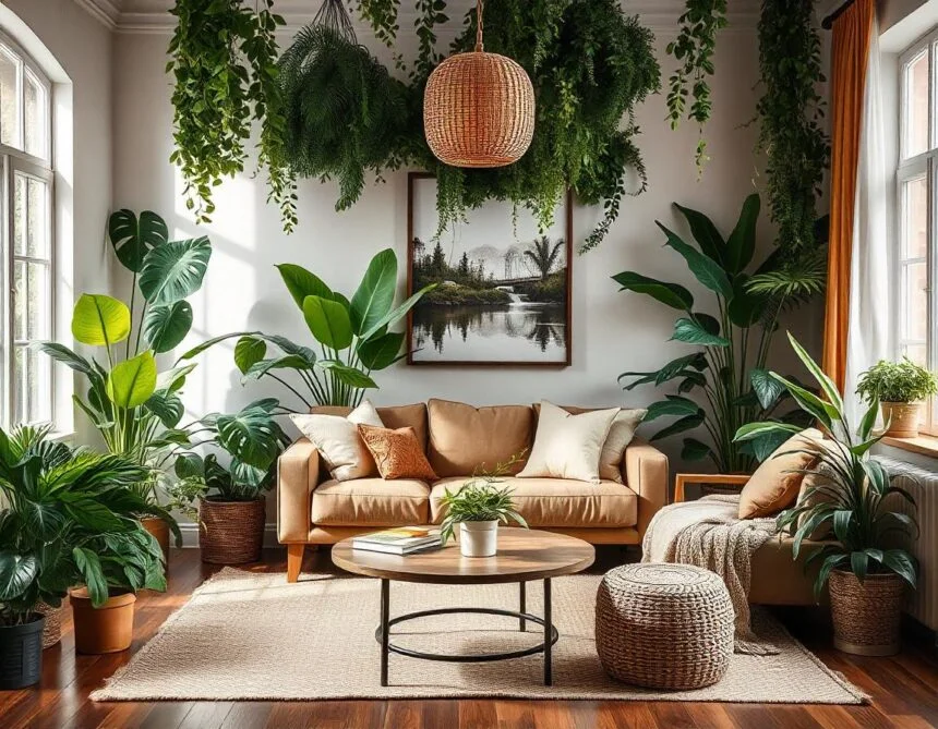 Living room transformed into a jungle-inspired house garden with layered indoor plants, including Devil's Ivy and Monstera, complemented by natural wood accents and macramé hangers, creating a cozy, organic atmosphere.