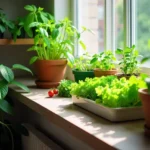 A variety of potted plants growing indoors on a windowsill, receiving natural sunlight through a large window.