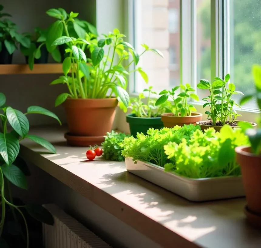 A variety of potted plants growing indoors on a windowsill, receiving natural sunlight through a large window.