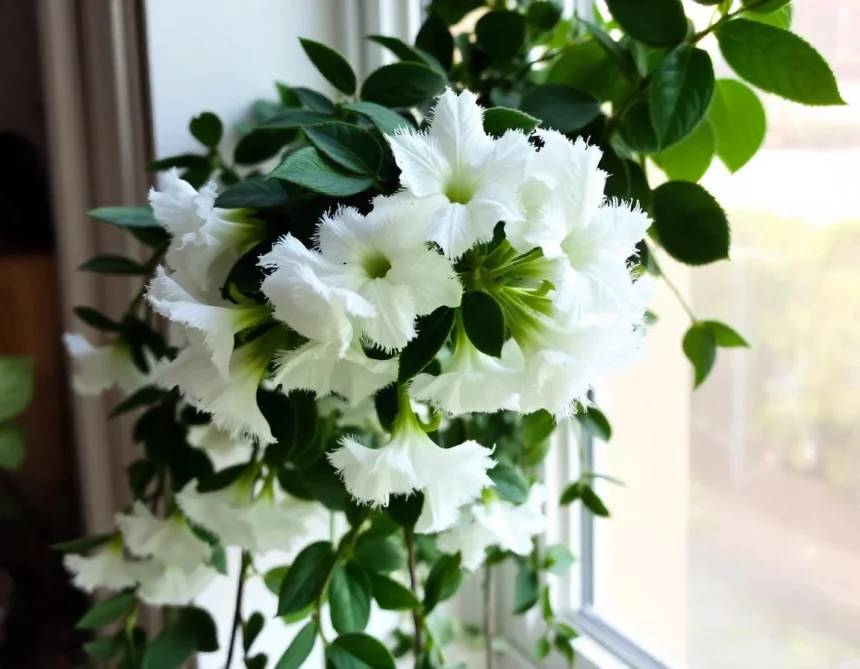 Close-up of Alsobia Dianthiflora with white fringed flowers and lush green leaves cascading from a windowsill.