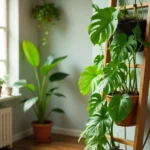 Climbing plants on trellises in a bright indoor space with indirect natural light.