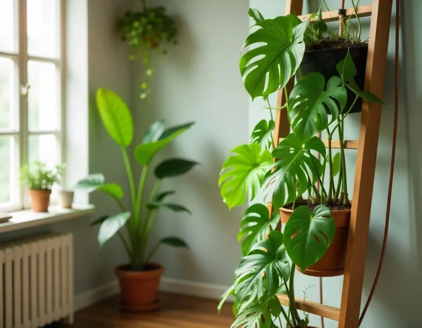 Climbing plants on trellises in a bright indoor space with indirect natural light.