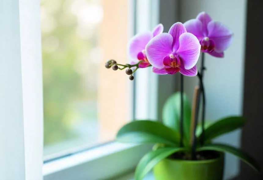 A blooming Phalaenopsis orchid with vibrant purple and white flowers, placed on a windowsill in bright indirect light, with a cozy indoor setting