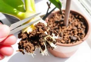 An orchid being repotted, with sterilized scissors cutting away brown, mushy roots while fresh white roots are prepared for planting in new orchid potting mix.