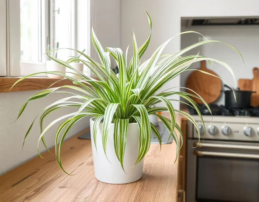 Spider plant (Chlorophytum comosum) in a white pot placed on a wooden countertop in a modern kitchen with bright natural light from a window