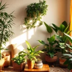 Top 10 indoor green plants including bamboo, money plant, Tulsi, snake plant, aloe vera, jade plant, banana tree, marigold, rubber plant, and peace lily in a cozy room with natural light.