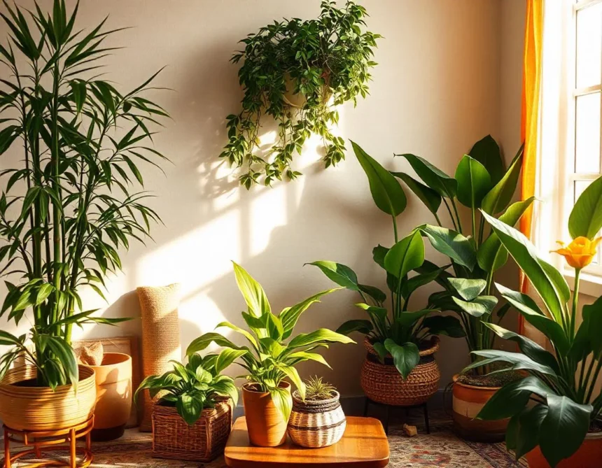 Top 10 indoor green plants including bamboo, money plant, Tulsi, snake plant, aloe vera, jade plant, banana tree, marigold, rubber plant, and peace lily in a cozy room with natural light.