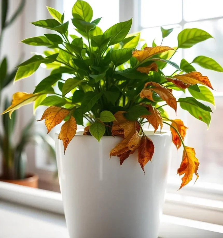 Potted indoor plant with a mix of healthy green leaves and brown, wilted leaves, showing signs of distress in front of a bright window.