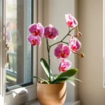 Get orchid to bloom again : Phalaenopsis orchid with pink and white flowers in a ceramic pot on a windowsill, receiving bright indirect sunlight.