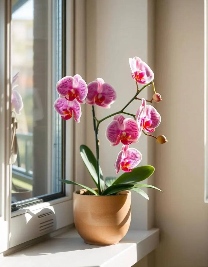 Get orchid to bloom again : Phalaenopsis orchid with pink and white flowers in a ceramic pot on a windowsill, receiving bright indirect sunlight.