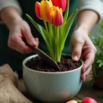 Person planting tulips in an indoor pot