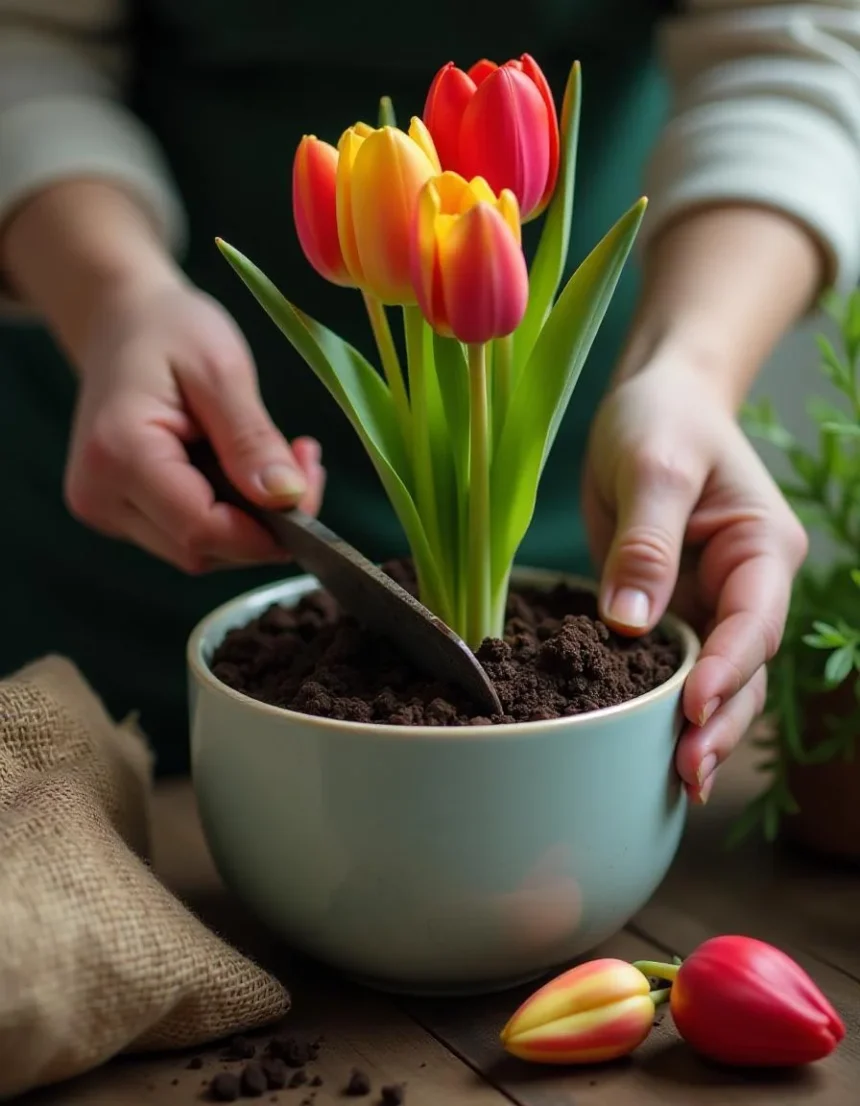 Person planting tulips in an indoor pot