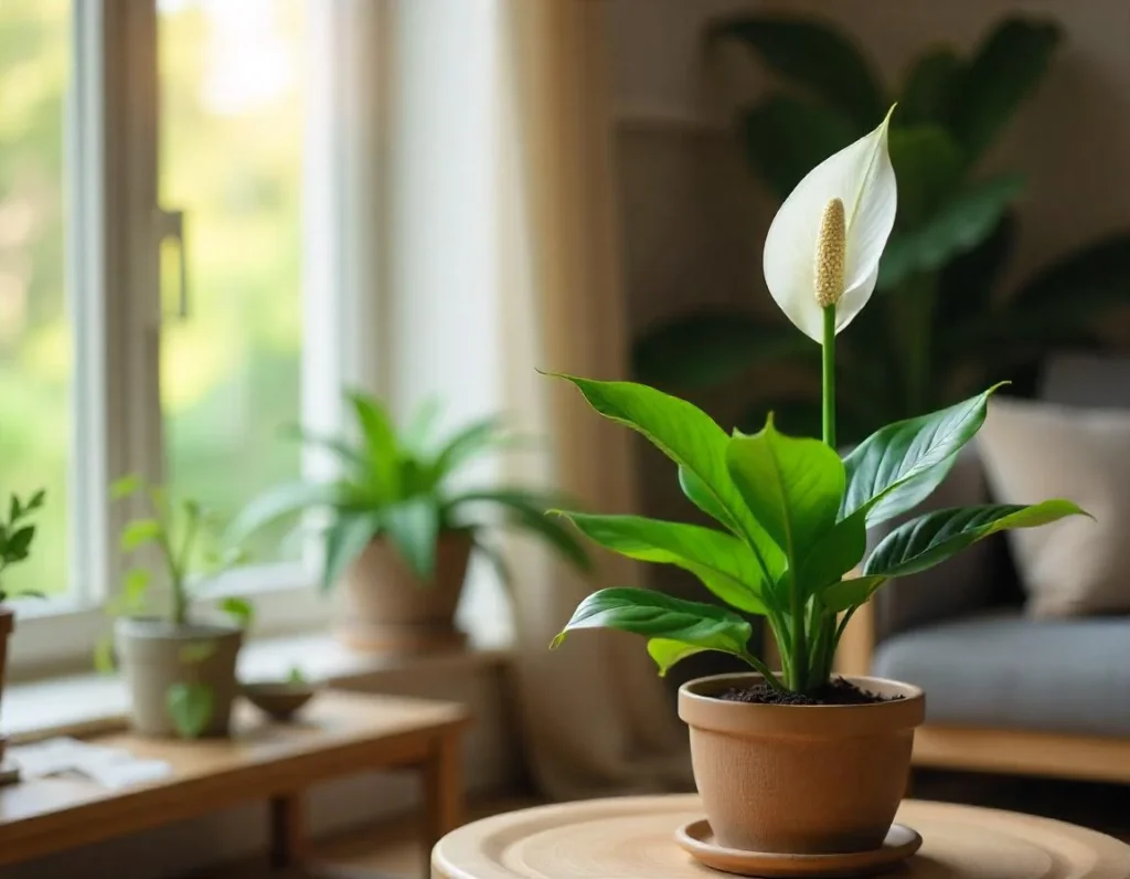 Peace lily thriving in a modern, well-lit living room with lush green leaves and a white bloom near a window.