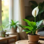 Peace lily thriving in a modern, well-lit living room with lush green leaves and a white bloom near a window.