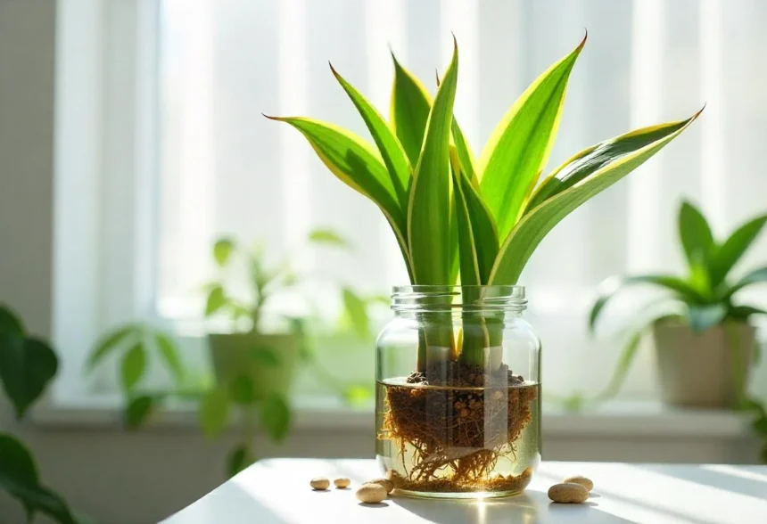 Snake plant (Sansevieria trifasciata) in a clear glass container with visible roots in water, surrounded by decorative stones and other green plants