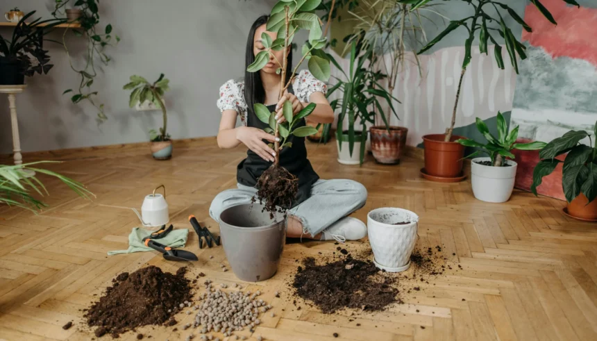 Person repotting an indoor plant with soil and gardening tools, preparing to add fertilizer. Several potted plants in the background with gardening supplies on the floor.