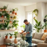 Modern living room with wall-mounted plant shelves displaying various potted plants, showcasing the best plant display ideas for small spaces with natural lighting.