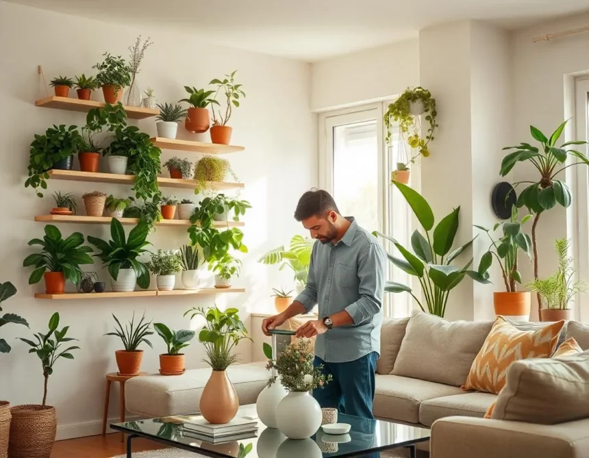 Modern living room with wall-mounted plant shelves displaying various potted plants, showcasing the best plant display ideas for small spaces with natural lighting.