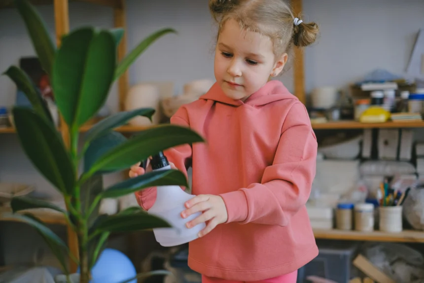 A young girl watering an indoor plant.