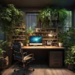 Lush indoor office with various plants surrounding a modern workspace.