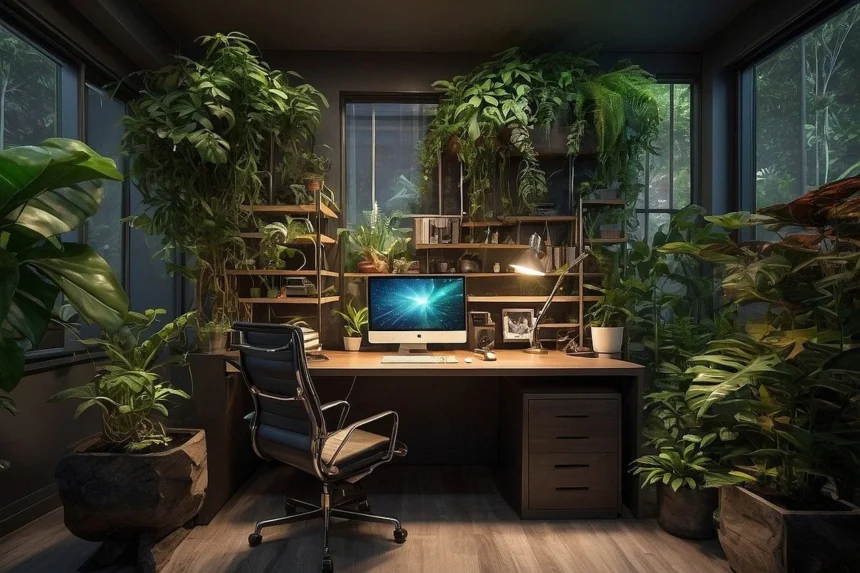 Lush indoor office with various plants surrounding a modern workspace.