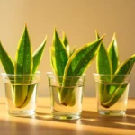 Snake plant cuttings with vibrant green and yellow variegated leaves growing in water-filled glass jars on a sunlit wooden surface.