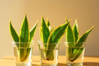 Snake plant cuttings with vibrant green and yellow variegated leaves growing in water-filled glass jars on a sunlit wooden surface.