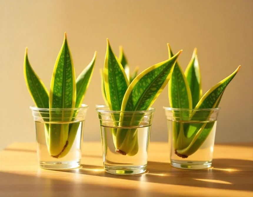 Snake plant cuttings with vibrant green and yellow variegated leaves growing in water-filled glass jars on a sunlit wooden surface.