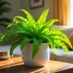 A vibrant Foxtail Fern in a white pot placed on a wooden table in a cozy living room.