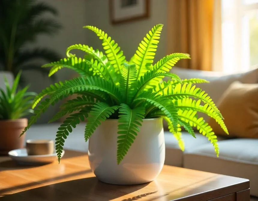 A vibrant Foxtail Fern in a white pot placed on a wooden table in a cozy living room.