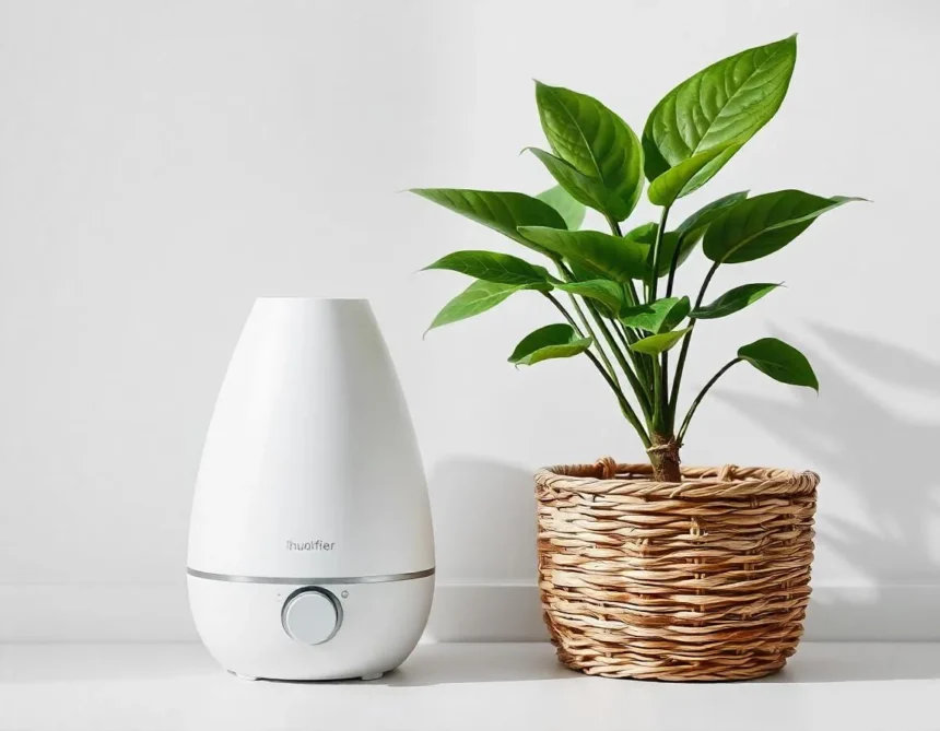 White humidifier next to a green potted plant in a woven basket against a white background