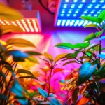 Colorful LED grow lights illuminating indoor plants, promoting optimal growth with vibrant lighting