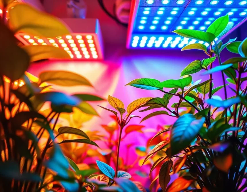 Colorful LED grow lights illuminating indoor plants, promoting optimal growth with vibrant lighting