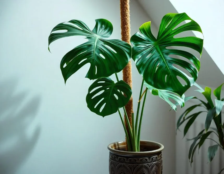 Monstera plant supported by a moss pole in a decorative pot