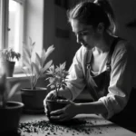 A woman carefully repotting a plant, surrounded by other potted plants on a table, illustrating common problems with indoor plants such as root binding and soil management.