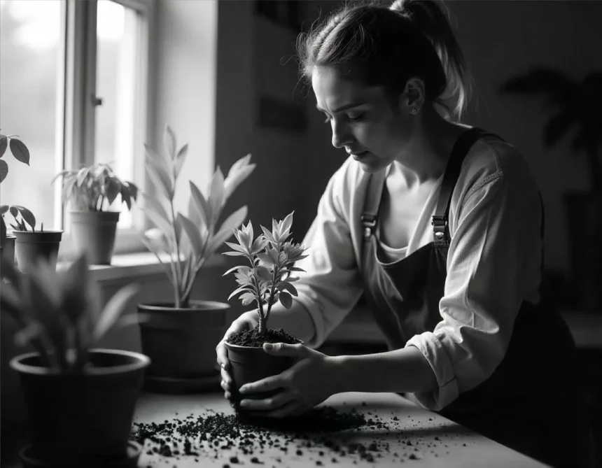 A woman carefully repotting a plant, surrounded by other potted plants on a table, illustrating common problems with indoor plants such as root binding and soil management.