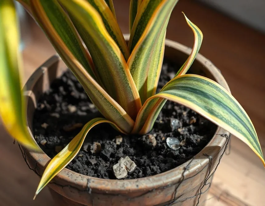 A snake plant with droopy leaves and soggy soil.