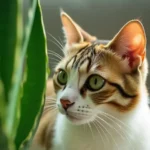 A cat with green eyes sitting next to a snake plant in a terracotta pot, looking intently at the plant in a cozy indoor setting.