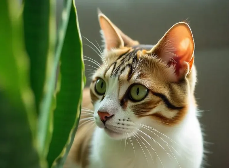 A cat with green eyes sitting next to a snake plant in a terracotta pot, looking intently at the plant in a cozy indoor setting.