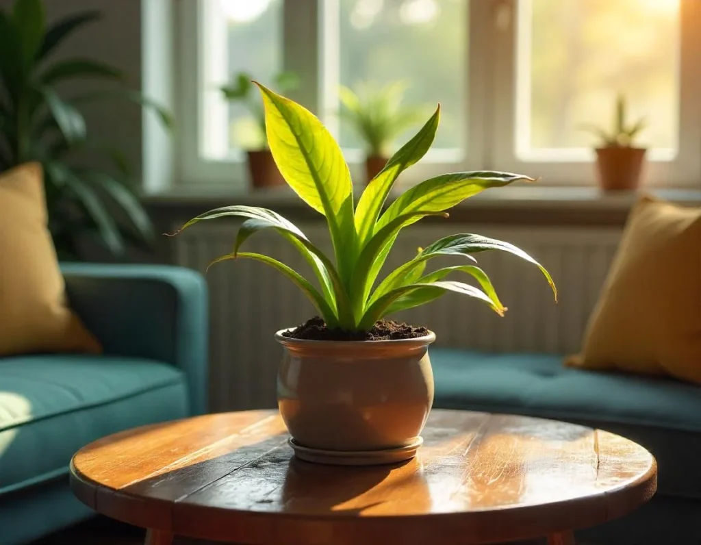 A snake plant is turning yellow, showcasing the effects of overwatering. The soil appears wet, indicating improper watering habits leading to leaf yellowing.