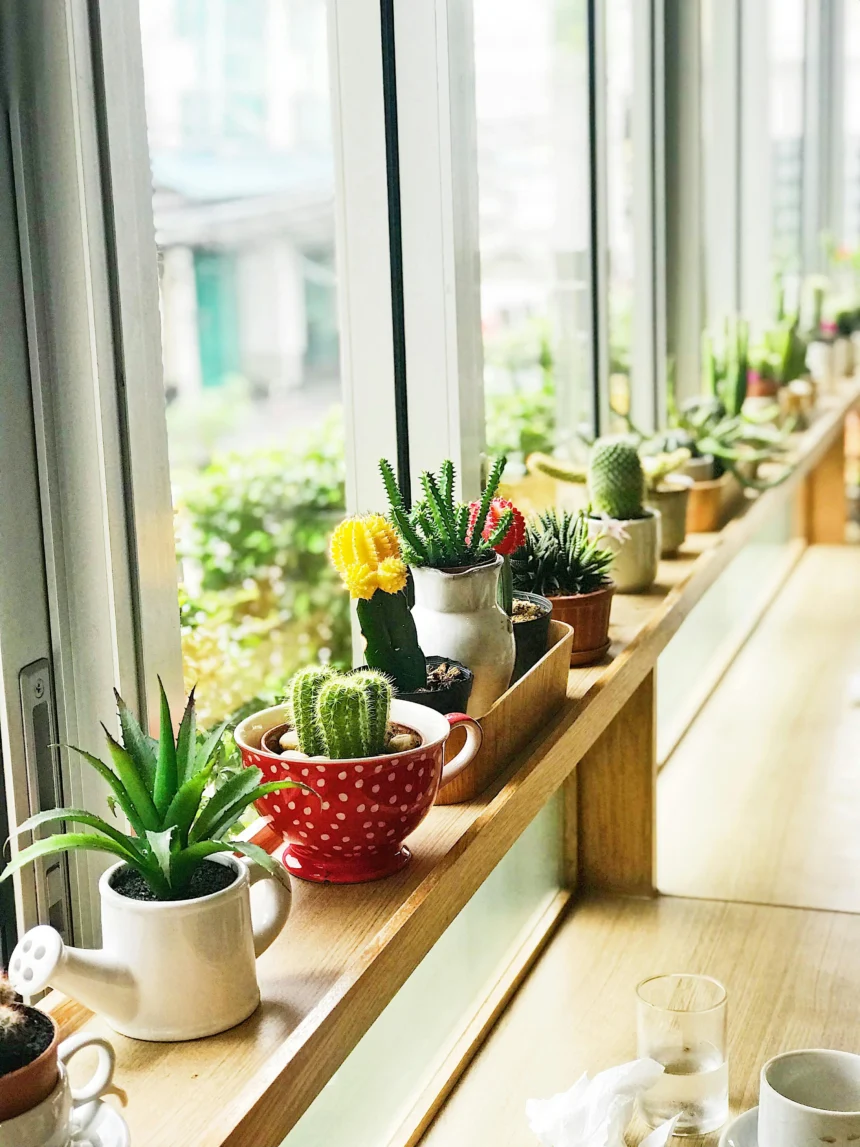 A collection of succulents and cacti in various decorative pots placed on a windowsill, receiving natural sunlight.