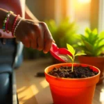 Hand adding powdered plant food to a young indoor plant in an orange pot, with sunlight streaming in through the window.