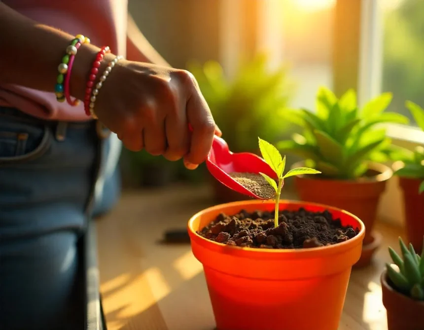 Hand adding powdered plant food to a young indoor plant in an orange pot, with sunlight streaming in through the window.