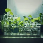 A collection of pothos cuttings in glass jars filled with water, placed on a windowsill with bright indirect sunlight, showcasing water propagation.