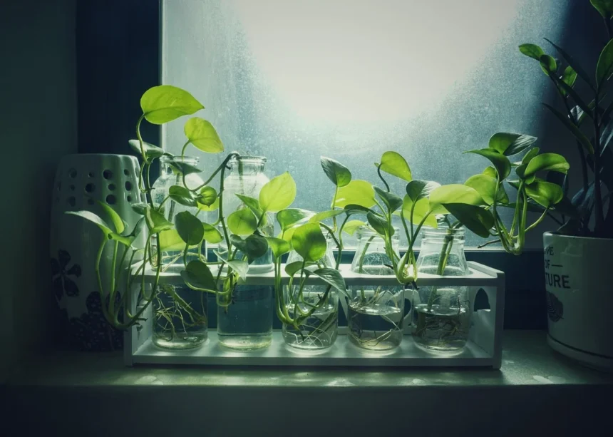 A collection of pothos cuttings in glass jars filled with water, placed on a windowsill with bright indirect sunlight, showcasing water propagation.