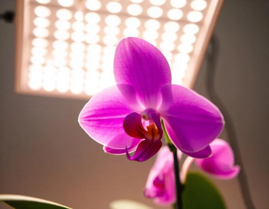 Close-up of a vibrant pink orchid illuminated by a bright LED grow light, showcasing optimal light conditions for indoor orchid care.