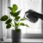 A silhouette of a hand watering a green indoor plant in a white ceramic pot on a windowsill, with natural light streaming through sheer curtains.