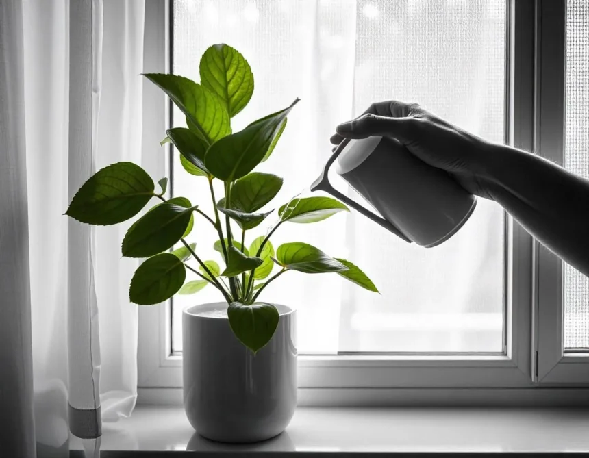 A silhouette of a hand watering a green indoor plant in a white ceramic pot on a windowsill, with natural light streaming through sheer curtains.